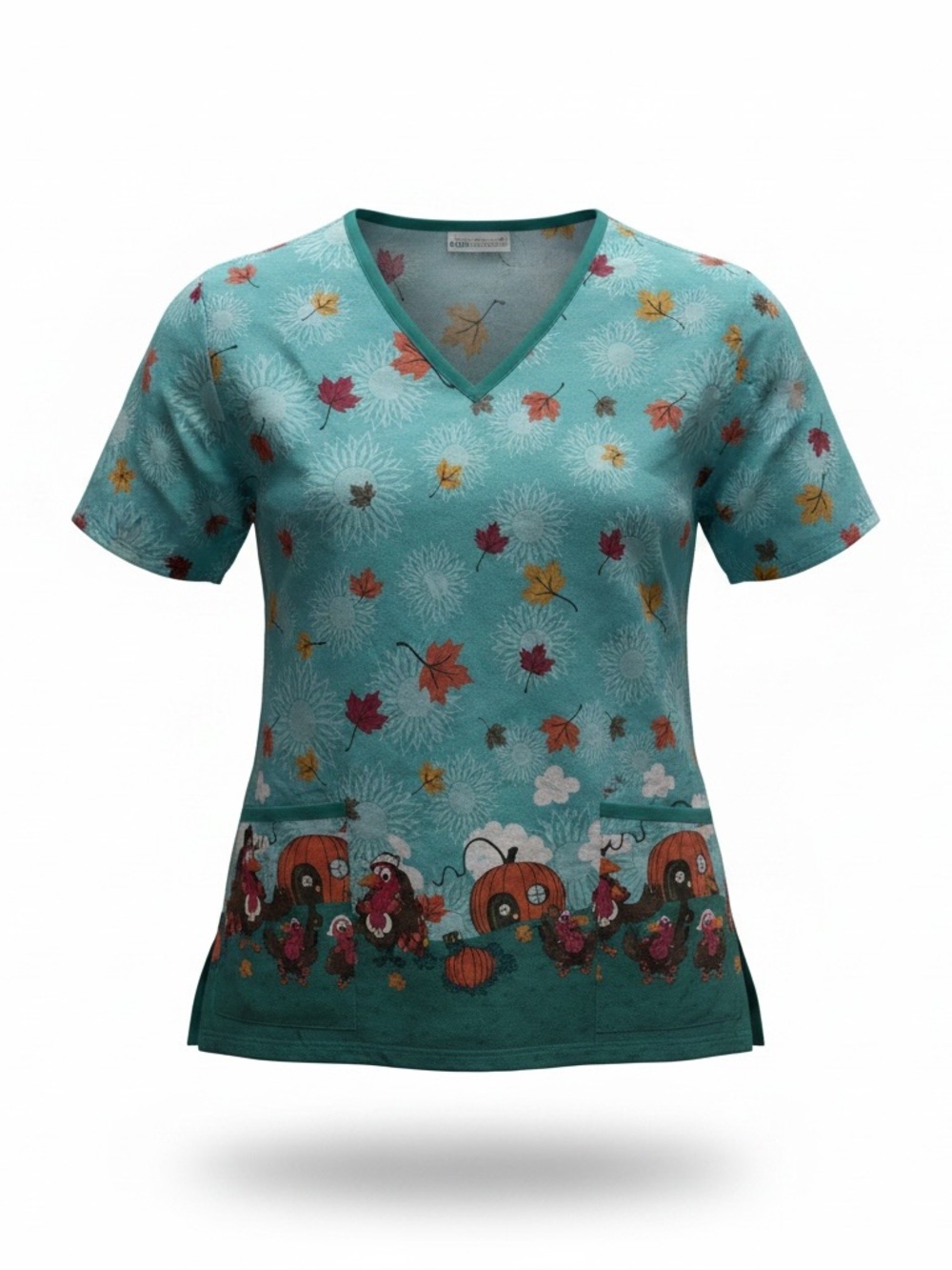 UA Scrubs Women's Teal Autumn Leaves & Pumpkin Border V-Neck Top